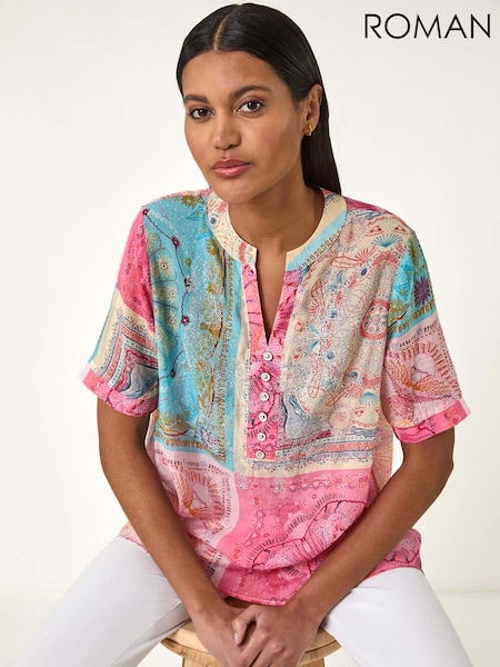 Roman Pink Scarf Print Hotfix Buttoned Top (F89163) | £32