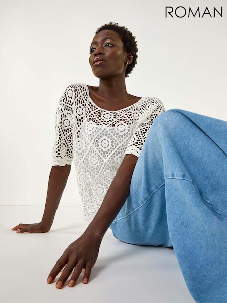 Roman White 100% Cotton Crochet Jumper (F89170) | £40