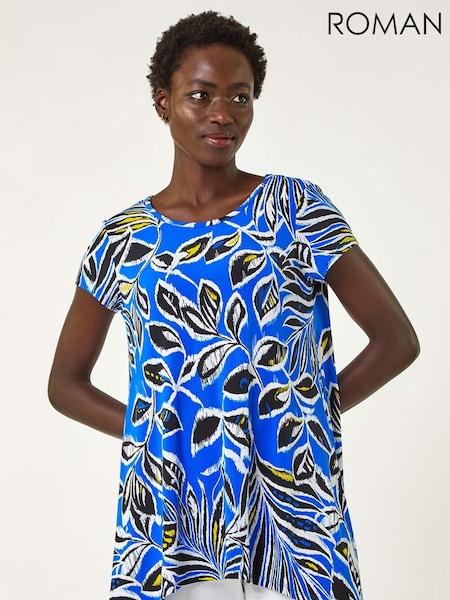 Roman Blue Textured Leaf Print Stretch Tunic Top (F89184) | £32