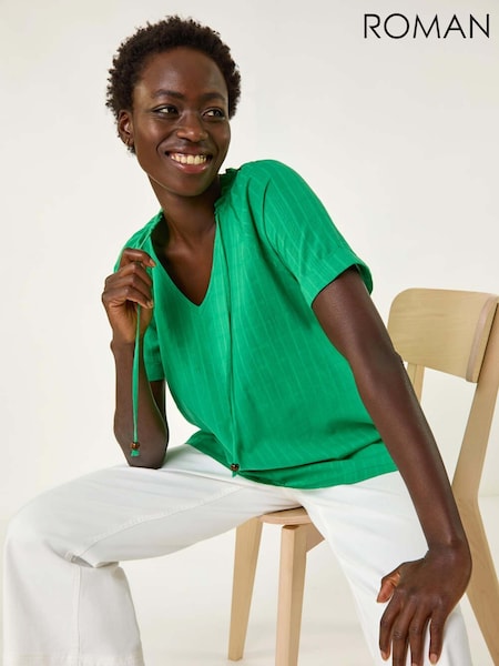 Roman Green Textured Tie V-Neck 100% Cotton Top (F89200) | £32