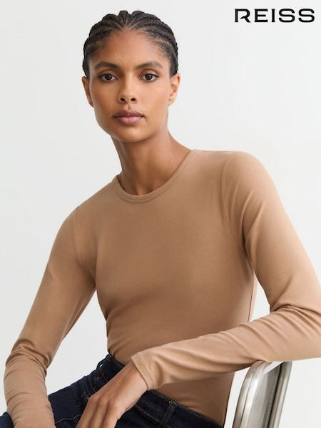 Camel - Reiss Jada Cotton Crew-neck Long-sleeve T-shirt With Stretch