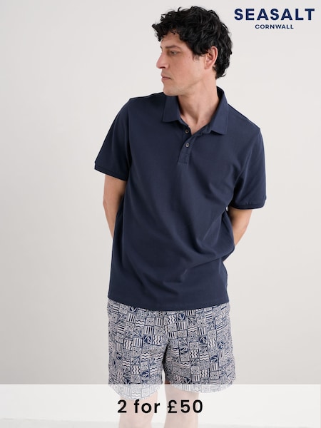 Seasalt Cornwall Blue Mens Balefire 100% Cotton Jersey Polo Shirt (F89255) | £36