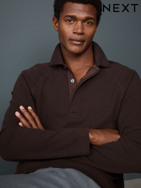 Brown Textured Waffle Long Sleeve Polo Shirt (F89333) | £28