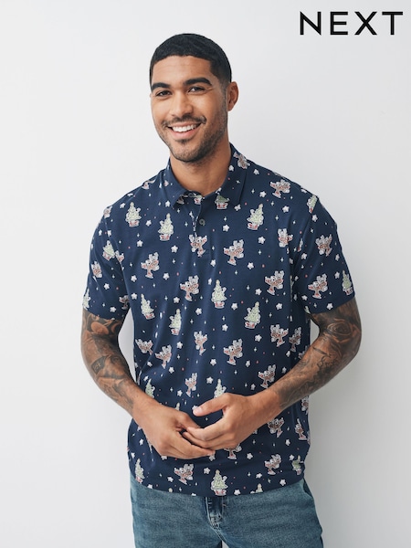 Navy Blue Reindeer Christmas Polo Shirt (F89350) | £20