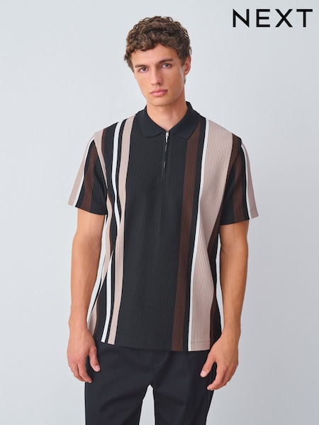 Black/Brown Vertical Stripe Quarter Zip Polo Shirt (F89361) | £32