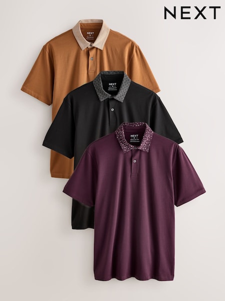 Berry Printed Collar Regular Fit Short Sleeve Jersey Polo Shirts 3 Pack (F89381) | £40