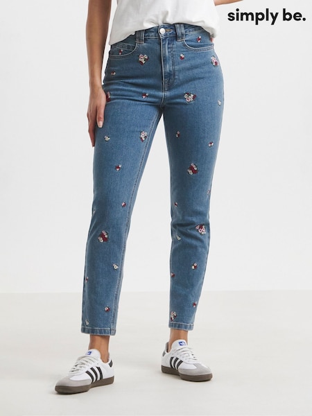 Simply Be Blue Slim Floral Print Embroidered Mom Jeans (F89442) | £42
