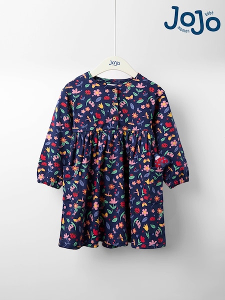 JoJo Maman Bébé Navy Blue Ladybird Drop Shoulder Printed Pet In Pocket Dress (F89483) | £21 - £24