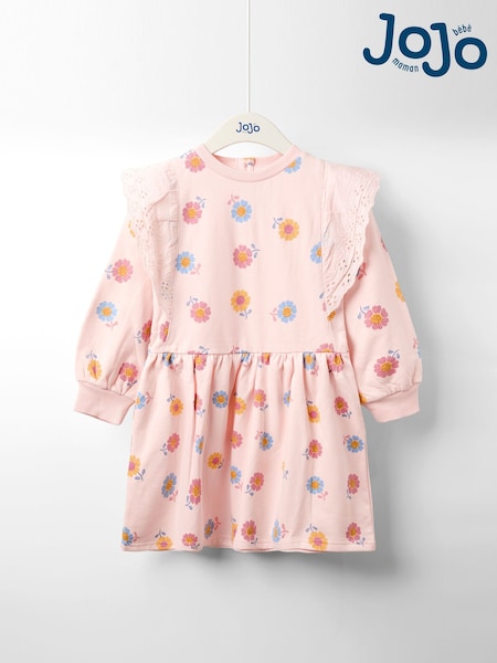 JoJo Maman Bébé Pink Broderie Frill Sweat Dress (F89493) | £28 - £29