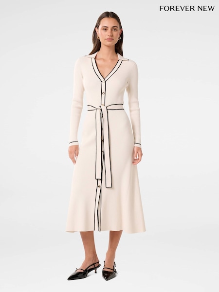 Forever New Cream Adeline Tipped Knit Midi Dress (F89640) | £105