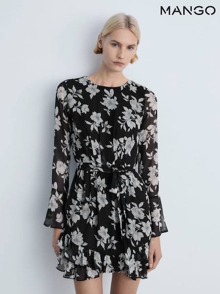 Mango Black Ruffled Floral Print Mini Dress (F89688) | £46