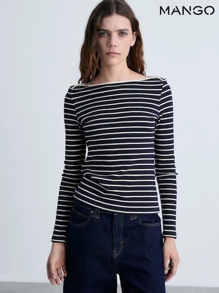 Mango Blue Striped Boat-Neck T-Shirt (F89690) | £23