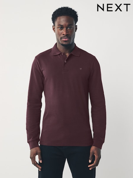 Burgundy Red Regular Fit Long Sleeve Pique Polo Shirt (F89752) | £22