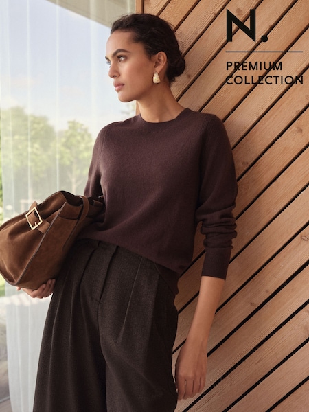 Chocolate Brown 100% Cashmere Crew Neck Jumper (F89762) | £85