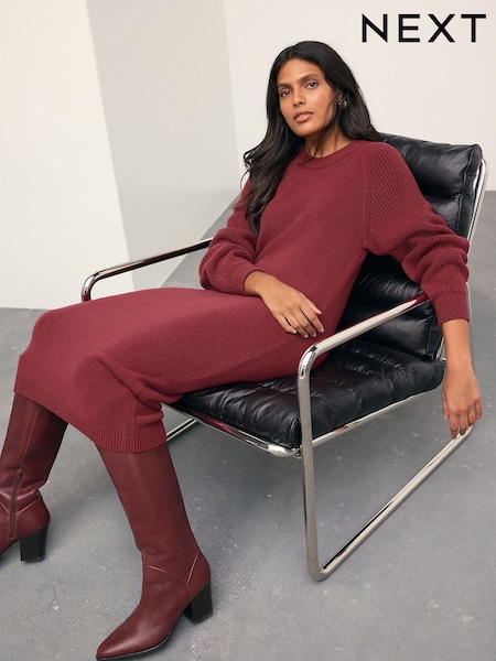 Burgundy Red Supersoft Ribbed Sleeve Knitted Midi Dress (F89922) | £38