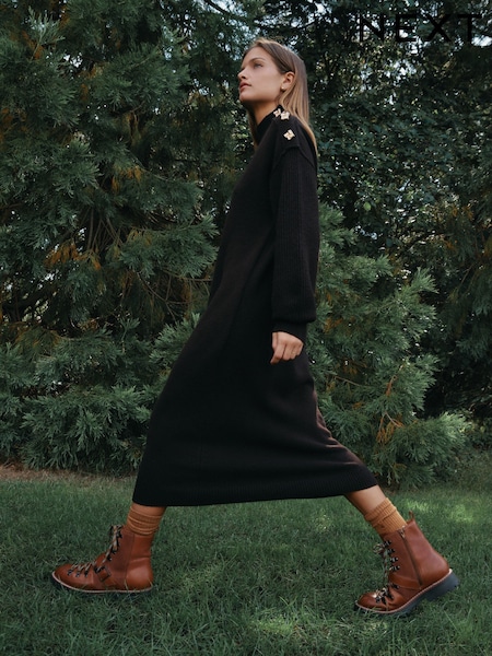 Chocolate Brown Stand Neck Knitted Midi Dress (F89936) | £42