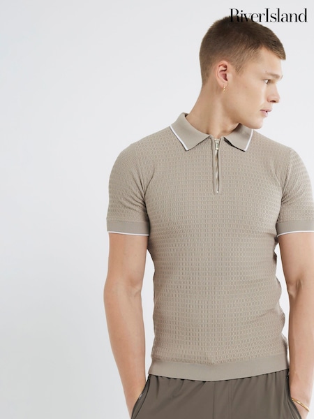 River Island Natural Stone Short Sleeve Muscle Fit Textured Tipped Polo Shirt (F89947) | £30