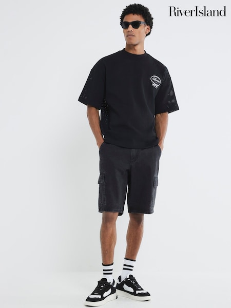 River Island Black 100% Cotton Cargo Shorts (F89949) | £36