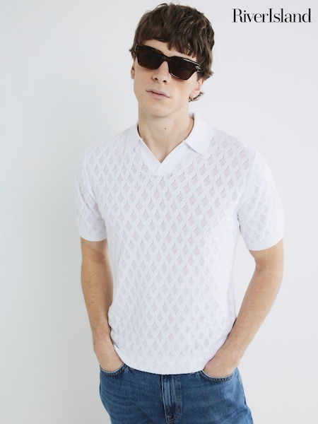 River Island White Short Sleeve Textured Open Collar 100% Cotton Polo Shirt (F89976) | £32