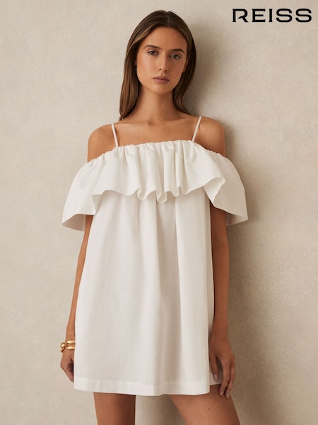 Reiss Ivory Cream Lucia Cotton Off Shoulder Mini Dress (F90019) | £140