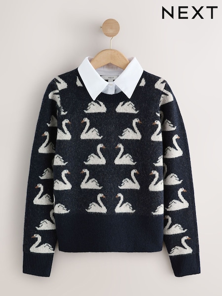 Navy Blue/White Swan Collar Layer Printed Jumper With Wool (F90089) | £44