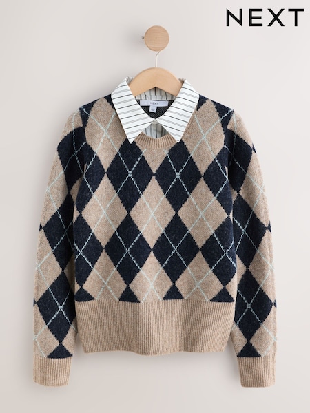 Beige/Navy Blue Argyle Collar Layer Printed Jumper With Wool (F90095) | £44
