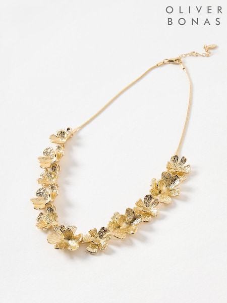 Oliver Bonas Gold June Cast Flowers Cord Collar Necklace (F90123) | £32