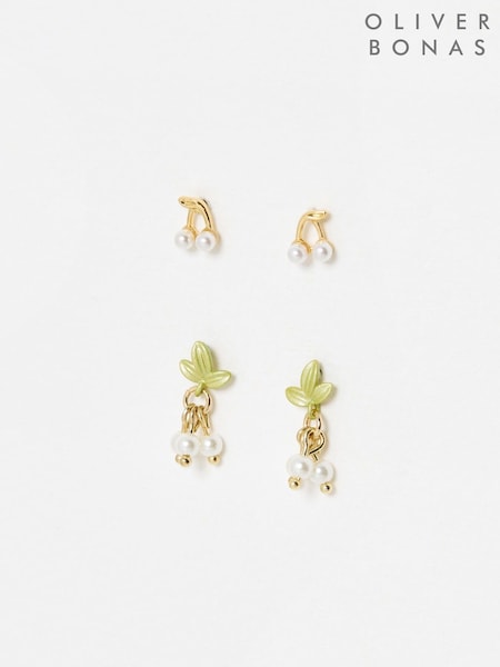 Oliver Bonas Green Flor Tiny Cherry and Flower Stud Earrings Set 4 (F90127) | £22