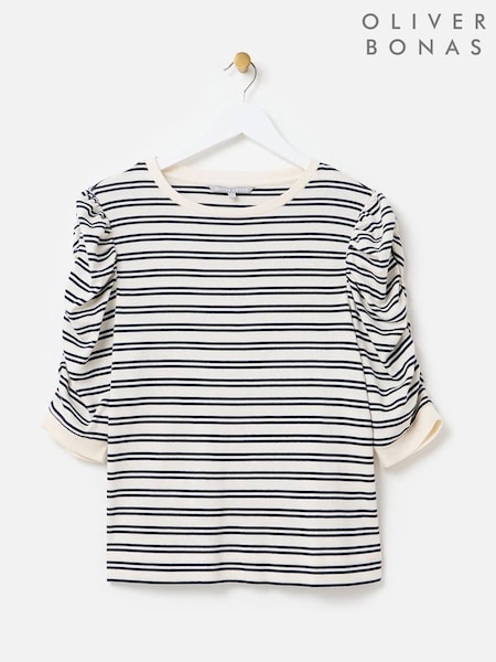 Oliver Bonas Blue Striped Ruched Sleeve Top (F90128) | £40