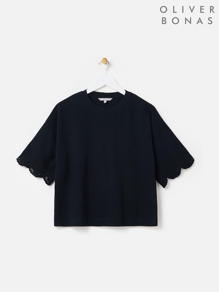 Oliver Bonas Black Broderie Sleeve 100% Cotton T-Shirt (F90131) | £35