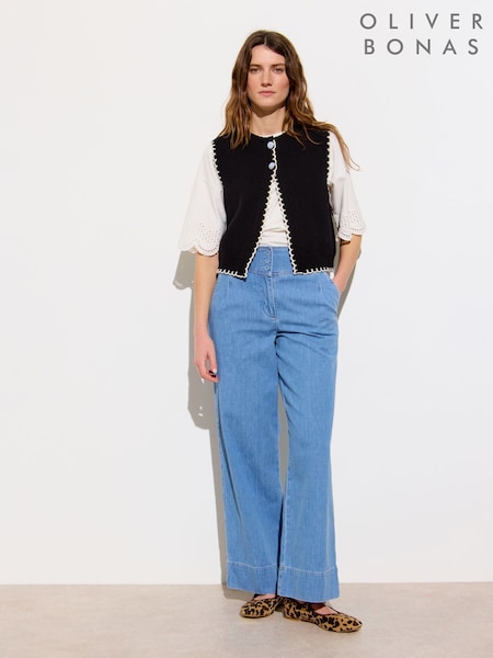 Oliver Bonas Blue Chambray Basque Wide Leg Regular Trousers (F90133) | £70