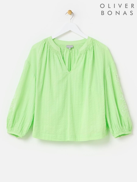 Oliver Bonas Green Embroidered Floral Sleeve 100% Cotton Blouse (F90162) | £60