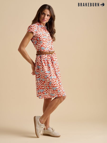 Brakeburn Red 100% Cotton Spring Vine Knee Length Dress (F90206) | £65