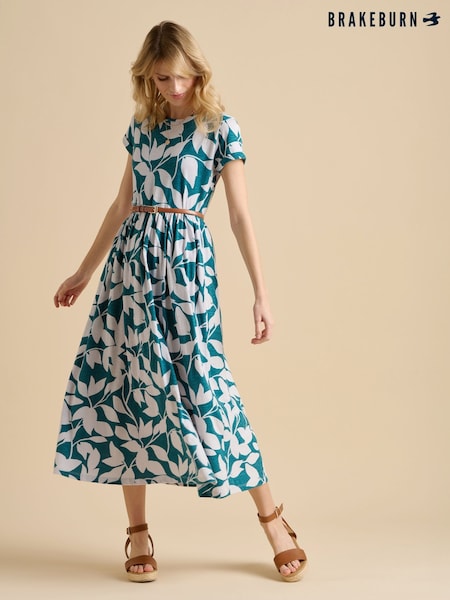 Brakeburn Blue Woodland Leaves Maxi Jersey Dress (F90310) | £60