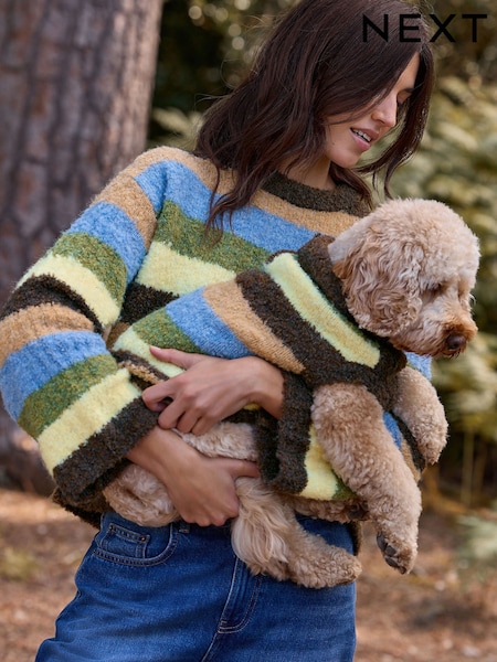 Chocolate Brown/Blue Multi Stripe Boucle Crew Neck Jumper With Wool (F90365) | £35