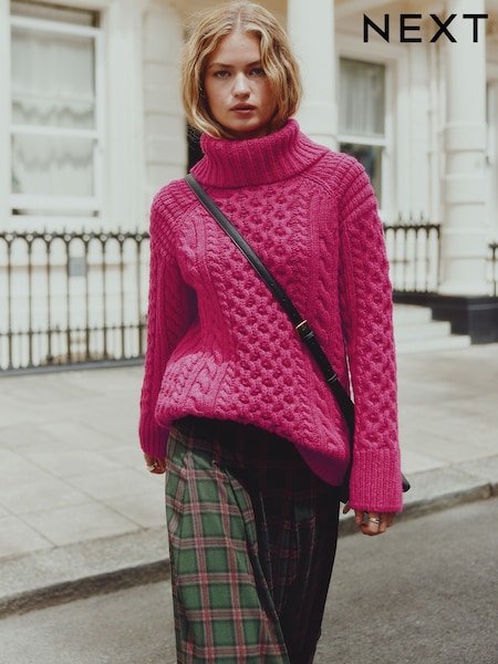 Bright Pink Roll Neck Cable Longline Jumper with Wool (F90366) | £58