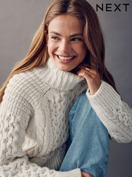 Ecru White Roll Neck Cable Longline Jumper with Wool (F90372) | £58