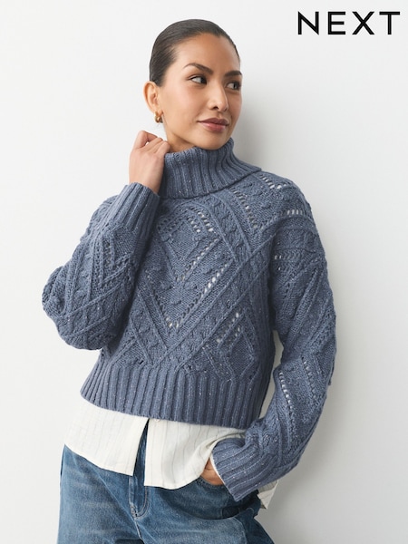 Blue Neppy Cable Knit Roll Neck Jumper (F90393) | £42