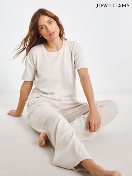 JD Williams Cream Blanket Stitch Butter Soft Wide Leg Lounge 100% Cotton Set (F90407) | £38
