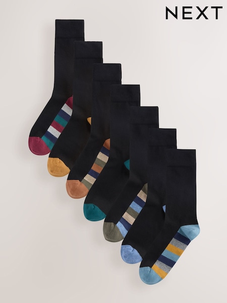 Black Rugby Stripe 7 Pack Mens Cotton Rich Socks (F90474) | £14