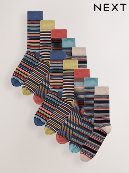 Neutral/Green/Colour Pop Stripe Pattern Socks 10 Pack (F90476) | £26