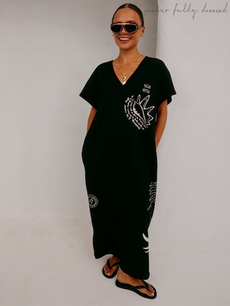 Never Fully Dressed Black Palma 100% Cotton T-Shirt Dress (F90600) | £89