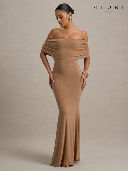 Club L London Brown Bowden Bardot Maxi Dress (F90607) | £75