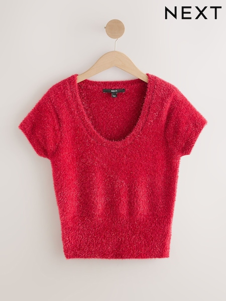 Cherry Red Sparkle Scoop Neck Waisted T-Shirt (F90721) | £32