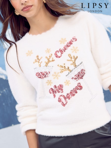Lipsy Ivory Slogan Christmas Crew Neck Knitted Jumper (F90732) | £36
