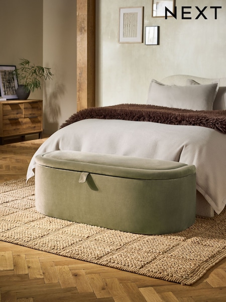 Relaxed Chenille Light Olive Green Kali Storage Ottoman Bench (F90774) | £299