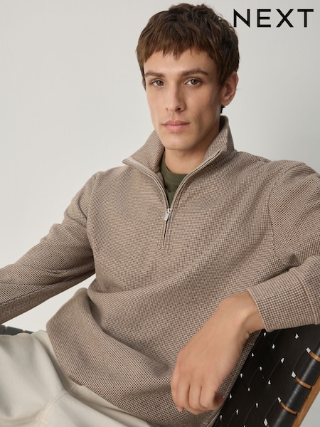 Neutral Brown Dogtooth Long Sleeve Quarter Zip Jumper (F90837) | £34