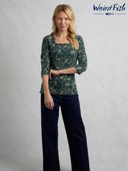 Weird Fish Green Wyman Printed 100% Organic Cotton Jersey T-Shirt (F91021) | £28