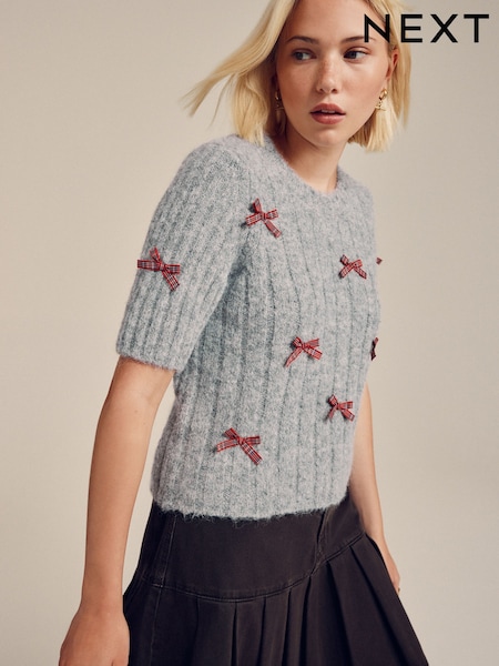 Grey with Tartan Bows Crew Neck Knitted T-Shirt With Wool (F91036) | £32