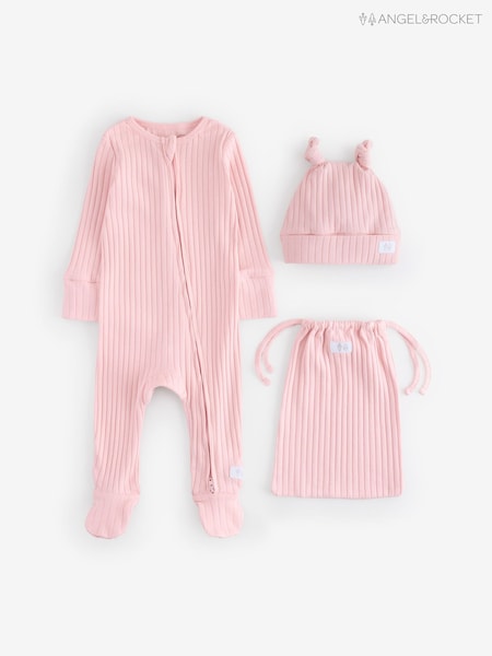 Angel & Rocket Pink Remy 100% Cotton Babygrow with Hat Set (F91043) | £22